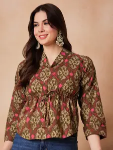 InWeave Floral Printed Shwal Neck Cotton Three-Quarter Sleeves Waist Top