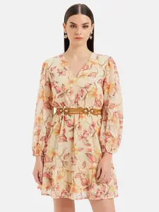 Kazo Floral Print Puff Sleeve Chiffon Fit & Flare Dress