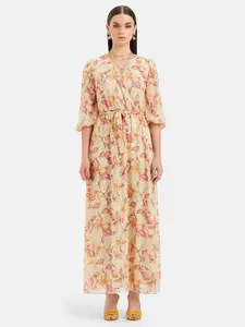 Kazo Floral Printed V-Neck Puff Sleeve Fit & Flare Casual Dress