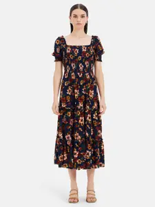 Kazo Floral Print Puff Sleeve Fit & Flare Midi Dress