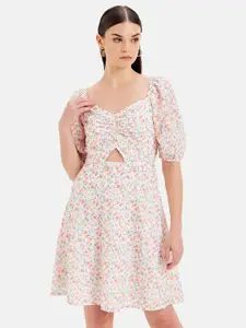 Kazo Floral Print Puff Sleeve Satin Fit & Flare Dress
