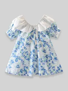 INCLUD Girls Floral Printed Puff Sleeve Fit & Flare Cotton Dress with Bow