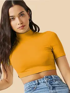 Dream Beauty Fashion High Neck Fitted Opaque Casual Crop Top