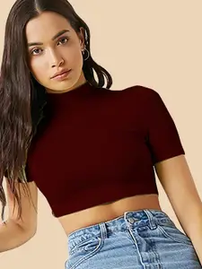 Dream Beauty Fashion High Neck Short Sleeves Opaque Fitted Crop Top