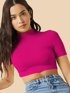 Dream Beauty Fashion High Neck Short Sleeves Opaque Fitted Crop Top