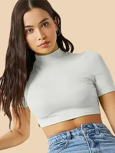 Dream Beauty Fashion High Neck Short Sleeves Opaque Fitted Crop Top