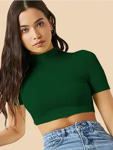 Dream Beauty Fashion High Neck Fitted Opaque Casual Crop Top