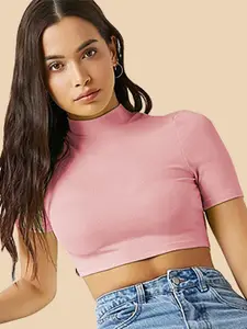 Dream Beauty Fashion High Neck Short Sleeves Opaque Fitted Crop Top