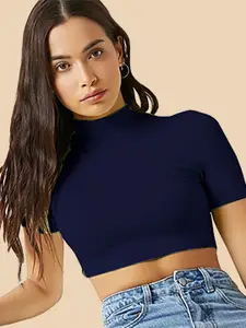Dream Beauty Fashion High Neck Short Sleeves Opaque Fitted Crop Top