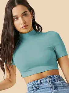 Dream Beauty Fashion High Neck Short Sleeves Opaque Fitted Crop Top