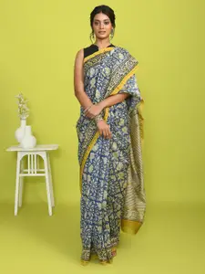 Indethnic Floral Printed Silk Cotton Bagru Saree