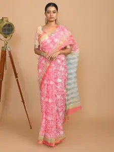 Indethnic Floral Printed Zari Silk Cotton Bagru Saree