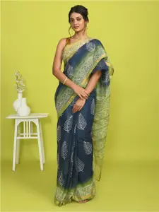 Indethnic Floral Printed Silk Cotton Bagru Saree