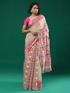 Indethnic Checked Woven Design Jamdani Saree