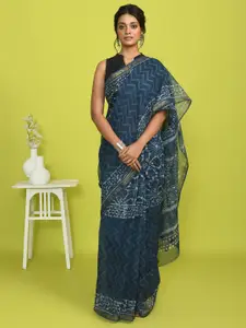 Indethnic Geometric Printed Silk Cotton Bagru Zari Saree