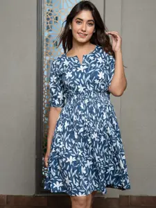 mulmul.com Floral Print Fit & Flare Cotton Dress