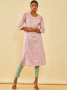Soch Pink & White  Ethnic Motifs Printed Round Neck Straight Kurta