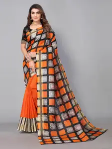 Shaily Orange Checked Printed Zari Saree