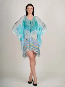 Rajoria Instyle Floral Print Tie-Up Neck Kimono Sleeve Georgette Kaftan Dress