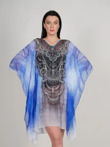 Rajoria Instyle Embellished Print Kimono Sleeve Georgette Kaftan Dress