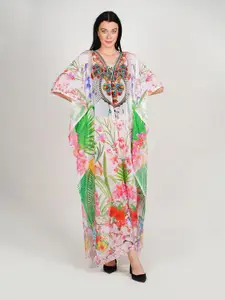 Rajoria Instyle Floral Print Flared Sleeve Georgette Kaftan Maxi Dress