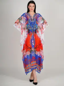 Rajoria Instyle Ethnic Motifs Print Kimono Sleeve Georgette Kaftan Midi Dress