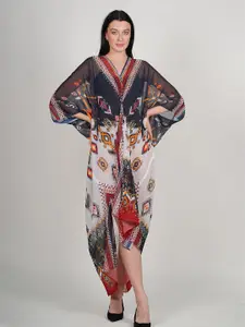 Rajoria Instyle Floral Print Kimono Sleeve Georgette Kaftan Midi Dress