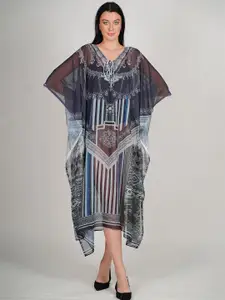 Rajoria Instyle Ethnic Motifs Print Kimono Sleeve Georgette Kaftan Midi Dress