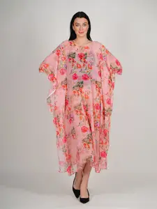 Rajoria Instyle Floral Print Puff Sleeve Georgette Kaftan Midi Dress