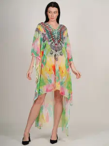 Rajoria Instyle Tropical Print Kimono Sleeve Georgette Kaftan Dress