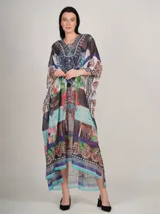 Rajoria Instyle Ethnic Motifs Print Tie-Up Neck Flared Sleeve Georgette Maxi Dress