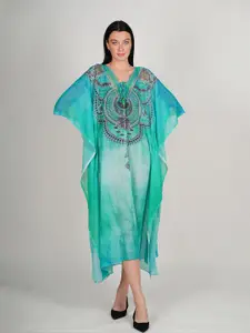 Rajoria Instyle Tie and Dye Print Tie-Up Neck Kimono Sleeve Georgette Kaftan Midi Dress