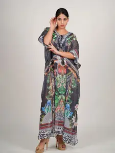 Rajoria Instyle Ethnic Motifs Print Tie-Up Neck Georgette Kaftan Maxi Dress