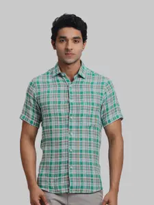 ColorPlus Tartan Checks Spread Collar Short Sleeves Linen Casual Shirt