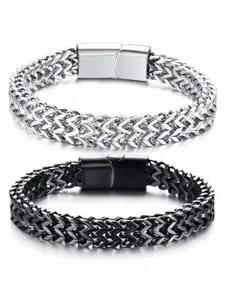 MEENAZ Men Set of 2 Stainless Steel Silver Plated Link Bracelets