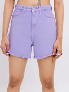 FREAKINS Women High-Rise Frayed Pure Cotton Denim Shorts