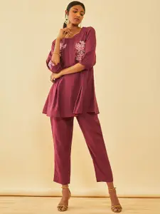 Soch Pink Floral Embroidered Notch Neck Top With Trousers