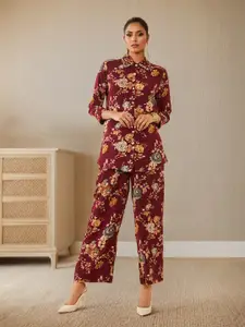 Soch Marron & Grey Floral Printed Top with Trousers