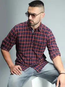 High Star Standard Checked Cotton Spread Collar Curved Casual Shirt