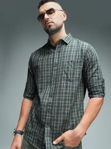 High Star Classic Checked Cotton Spread Collar Curved Casual Shirt
