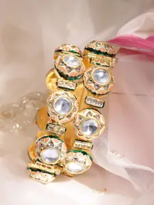 Rubans Set of 2 22K Gold Plated Green Enamelled with White Stones Kundan Premium Bangles