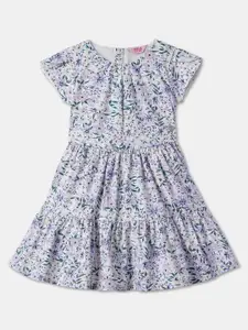 R&B Girls Tropical Printed Round Neck Cap Sleeves Flounce Fit and Flare Cotton Dress