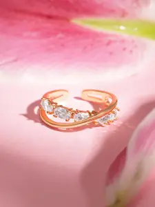 Rubans Rose Gold-Plated CZ Stone-Studded Adjustable Finger Ring