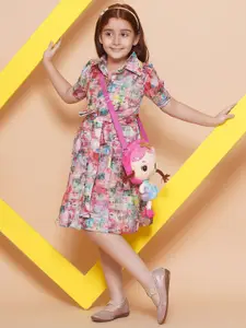 BAESD Girls Shirt Collar Floral Printed Fit & Flare Dress