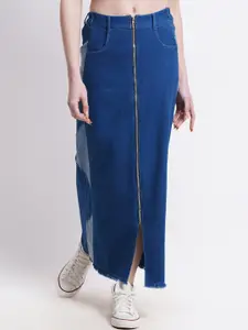 SUMAVI-FASHION Colurblocked Denim Straight Midi Skirts