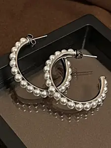 Proplady Silver-Plated German Silver Geometric Pearls Oversized Half Hoop Earrings