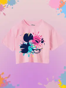 YK Disney Girls Mickey Mouse Printed Round Neck Pure Cotton Crop Boxy T-shirt