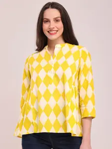 Pink Fort Geometric Printed Mandarin Collar Gathered Detailed Pure Cotton A-Line Top