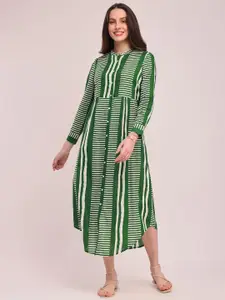 Pink Fort Striped Band Collar Cotton A-Line Midi Dress