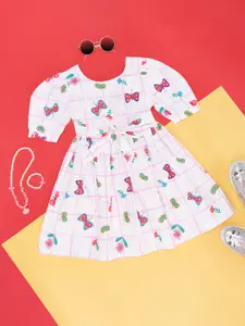 Pantaloons Junior Girls Conversational Printed Puff Sleeves Pure Cotton Fit & Flare Dress